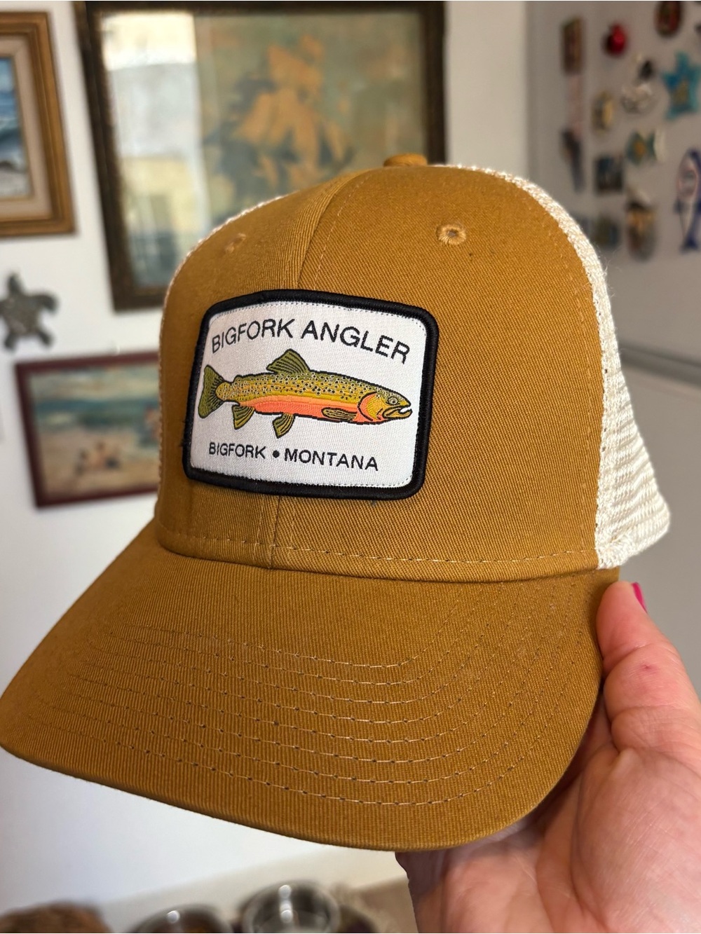 Oura Mustard Yellow and Cream Trucker Hat with Trout Patch